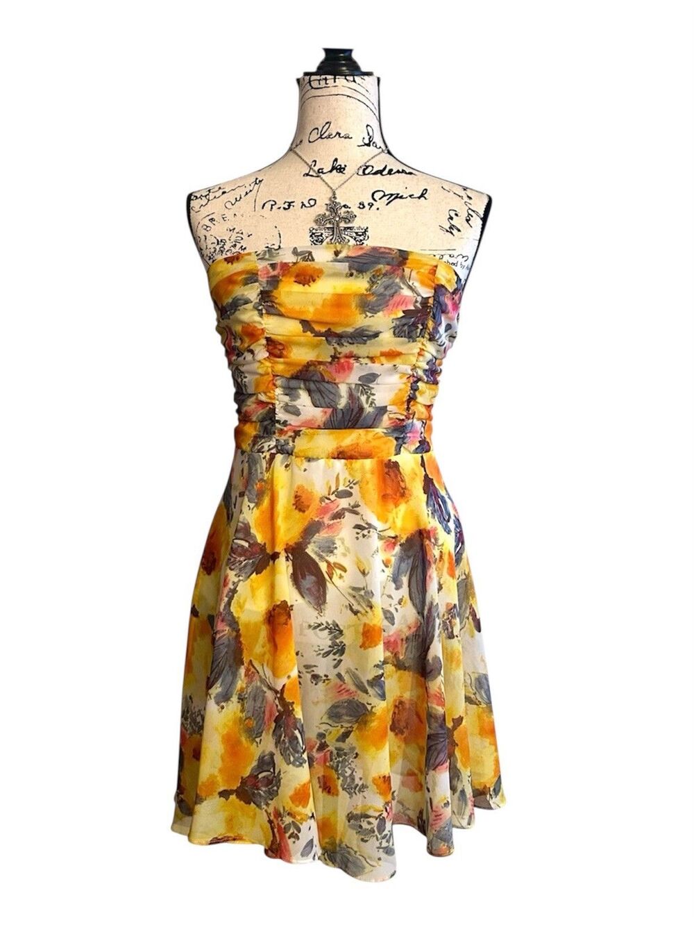 Y2K PAPER DOLL Sleeveless Tube Flare Bottom Dress Yellow Floral Design